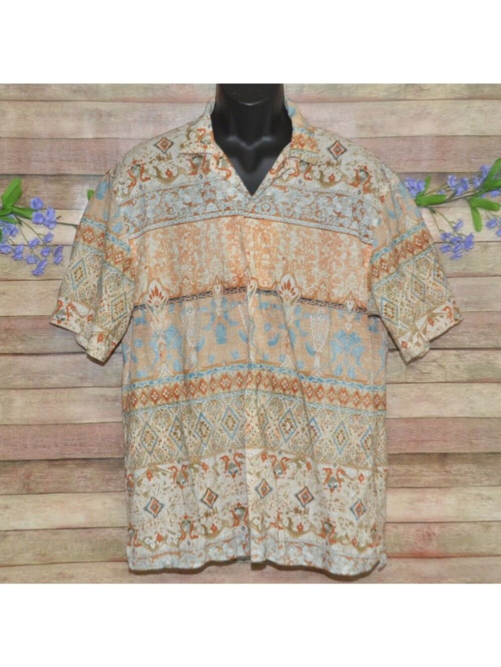 Zara Man Size L Patchwork Print Boho Button Up Camp Collar Shirt Vacation Resort